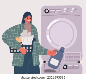 Cartoon vector illustration of woman laundress to wash clothes. Dirty and clean. Homework, in the laundry