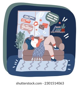 Cartoon vector illustration of woman lay at sofa home using tablet. Surfing in internet