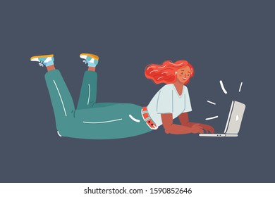 Cartoon vector illustration of woman laying and typing on her laptop on dark background.