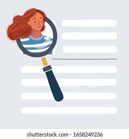 Cartoon vector illustration of woman with lens. Searching and resume.