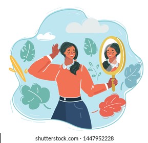 Cartoon Vector Illustration Of Woman Looking At The Mirror And See Herself.