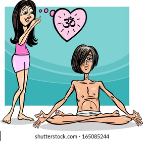 Cartoon Vector Illustration of Woman in Love with Young Man Practicing Yoga Meditation in Lotus Position