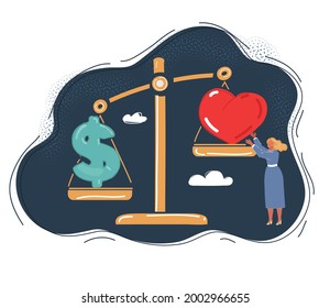 Cartoon Vector Illustration Of Woman In Love. Charater Hoosing Between Love And Career On Dark Background. Bid Scales, Tiny People Concept