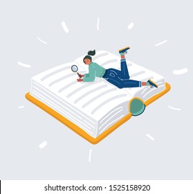 Cartoon vector illustration of woman with Magnifying glass in her hand isolated on white background. Student, books reader or, researcher. Studying concept.