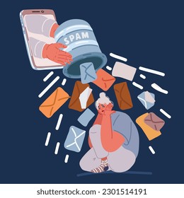 Cartoon vector illustration of Woman with lot of mail, chatting. Working process, New email message, mail notification. Social network, chat, Girl reading letter, New incoming message, sms, spam.