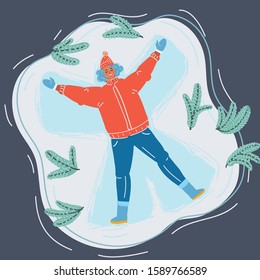Cartoon vector illustration of Woman making snow angel.
