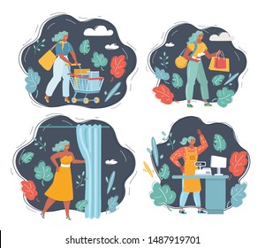 Cartoon vector illustration of woman, mall shopping. Woman in the dressing room, with a cart in the supermarket, cashier at cash register, with paper bags on sale
