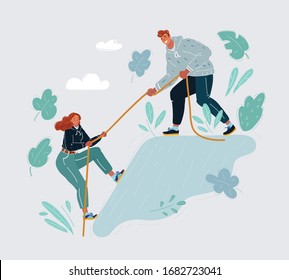 Cartoon vector illustration of woman and man help each other to get top of mounting.