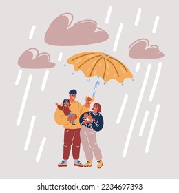 Cartoon vector illustration of woman and man hand hold umbrella toy to protect the home and money for saving money and house and real estate property protection concep t.