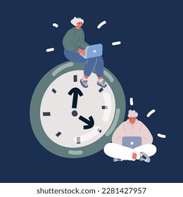 Cartoon vector illustration woman and man working at laptop with big clock. Deadline and lack of time concept over dark backround