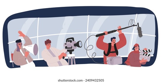 Cartoon vector illustration of woman and man with Camera. Blogger team make video content together over dark backround