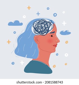Cartoon vector illustration of woman with mess line inside her brain