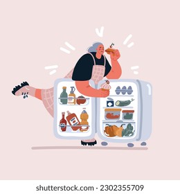 Cartoon vector illustration of Woman near open refridge. Lot of food. Girl eating at night, nervous disposition, glutton. Rejecting Yourself, Judging Yourself, Eating Problem and Emotional 