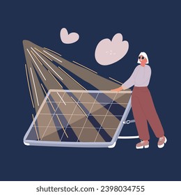 Cartoon vector illustration of woman near solar panels. Green energy concept over dark backround