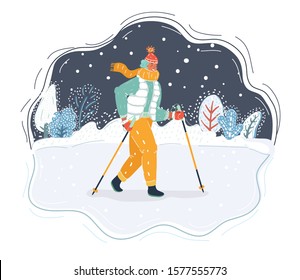 Cartoon vector illustration of woman Nordic walking on snow winter landscape.