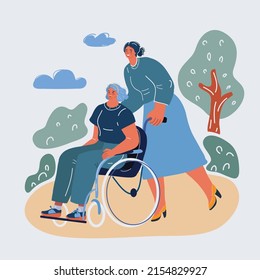 Cartoon vector illustration of woman nurse rolls a wheelchair with a patient in the park.