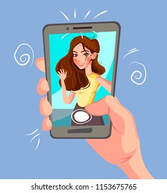  Cartoon vector illustration of woman on smart phone.