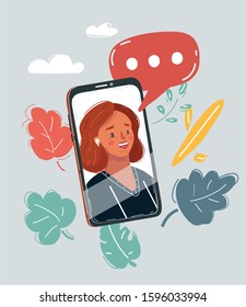 Cartoon vector illustration of woman on screen. Female talking in video call process. Speech bubble above.