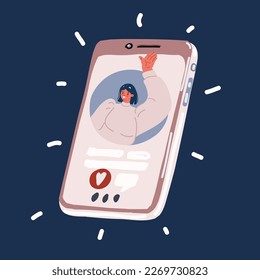 Cartoon vector illustration of woman on screen of smart phone over dark backround