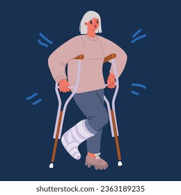 Cartoon vector illustration of Woman On Crutches over dark background