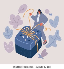 Cartoon vector illustration of woman open gift