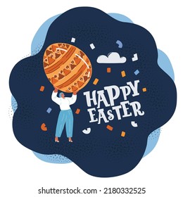 Cartoon vector illustration of A woman paints Easter eggs. Preparing decorations for Easter over dark background