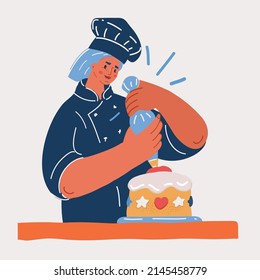 Cartoon Vector Illustration Of Woman Pastry Chef Make Cake.