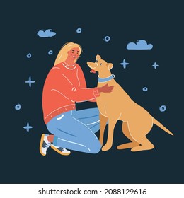 Cartoon vector illustration of woman pet dog on dark backround.