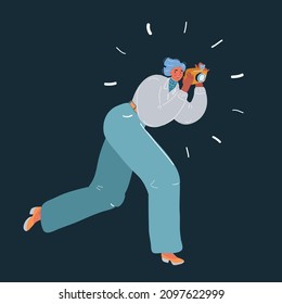 Cartoon vector illustration of woman photographer run and taking photos. Character on dark backroud.