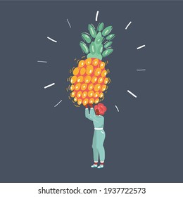 Cartoon vector illustration of woman with pineapple in her hands on dark background.