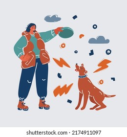 Cartoon vector illustration of woman play with dog in the park