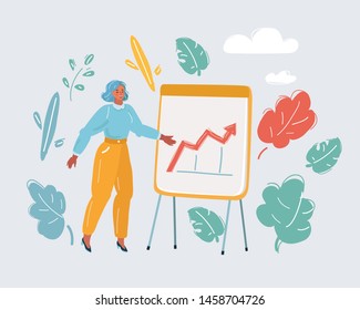 Cartoon vector illustration of Woman pointing on diagram at flipchart isolated. Diagrams and graphs. Statistics and analytics, data reporting.