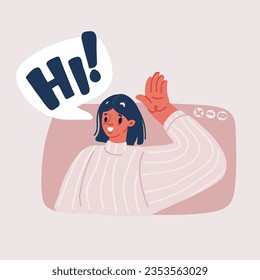 Cartoon vector illustration of woman in pop-up window say hi to you