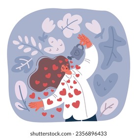 Cartoon vector illustration of woman Positive lady expressing self love and care. A woman who is satisfied and loves herself. Healthy self-awareness, self-esteem