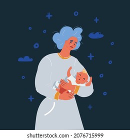 Cartoon vector illustration of woman in postnatal depression on dark backround.