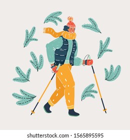 Cartoon vector illustration of Woman are practicing Nordic walking and jogging on winter forest.