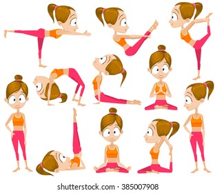 Cartoon vector illustration of woman practicing yoga. Set of eleven yoga poses