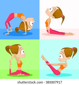 Cartoon vector illustration of woman practicing yoga