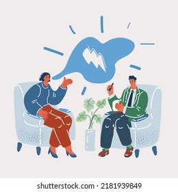 Cartoon vector illustration of woman and psychologist in therapy. Character sitting in armchair and talk about problems