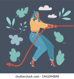 Cartoon vector illustration of woman pulling a rope isolated on dark background