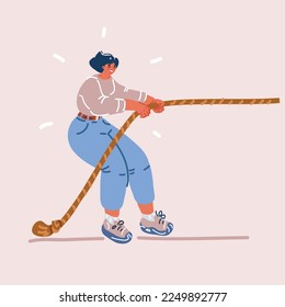 Cartoon vector illustration of woman pulling rope