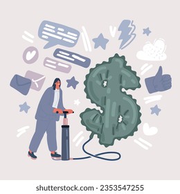 Cartoon vector illustration of woman pumping up inflatable dollar sign