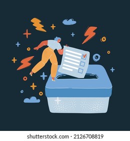 Cartoon vector illustration of woman put Her ballot paoer. Voting concept over dark backround.