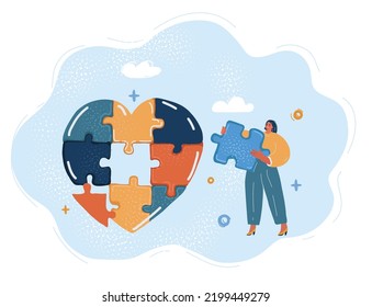 Cartoon vector illustration of woman put the puzzle pieces together at heart shape form. Romantic love marriage or selflove concept.