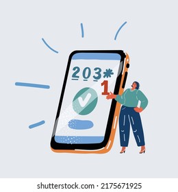 Cartoon vector illustration of woman puting number is part of pincode on smartphone code