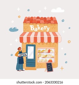Cartoon vector illustration of Woman putting an Open sign at the door of Bakery business
