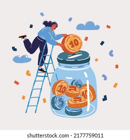 Cartoon vector illustration of Woman putting coin in big glass jar