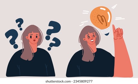 Cartoon vector illustration of Woman with question mark arround and woman have idea. Person have solution, ideas lamp bulb in speech bubble above. Solved question. Creative thinking.