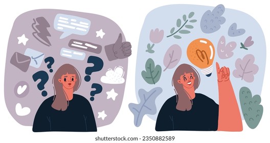 Cartoon vector illustration of Woman with question mark arround and woman have idea. Person have solution, ideas lamp bulb in speech bubble above. Solved question. Creative thinking.