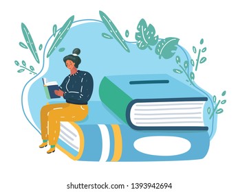 Cartoon vector illustration of woman reading a book sitting on the stack of books.